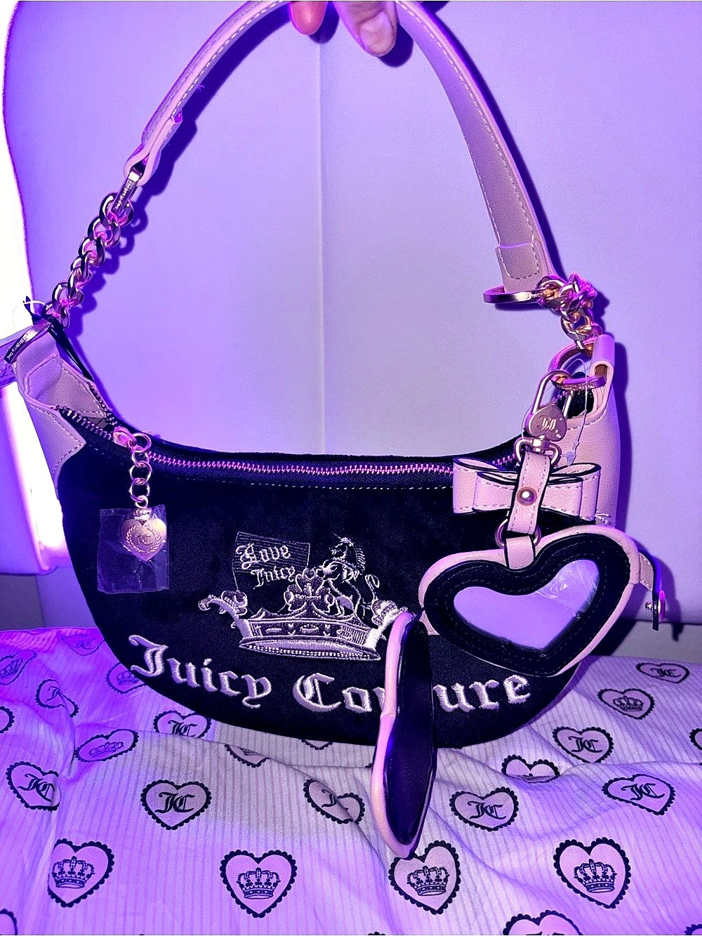 Juicy Couture Velour Crown Crest Shoulder Bag with Heart Mirror Charm Black